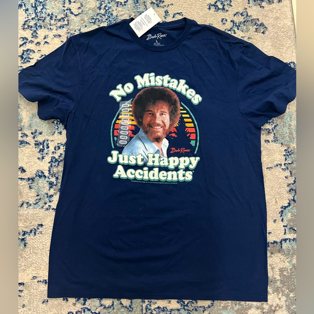 Bob Ross “happy accidents” Shirt Blue Official Merch Size L NWT
